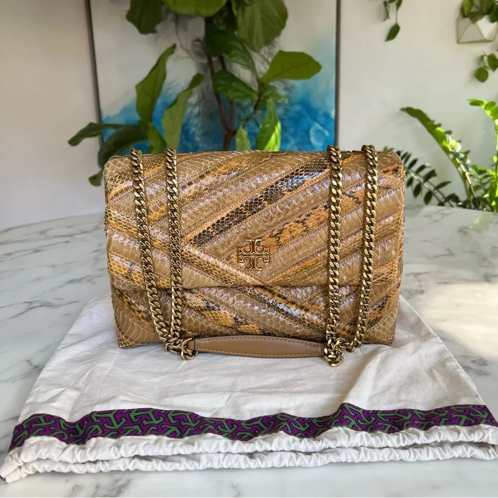 Tory Burch Kira Chevron Exotic Snakeskin Leather Convertible Shoulder Bag Tan